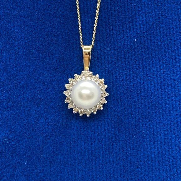 💛 14k Gold Vintage Pearl & Diamond Necklace - Picture 3 of 5